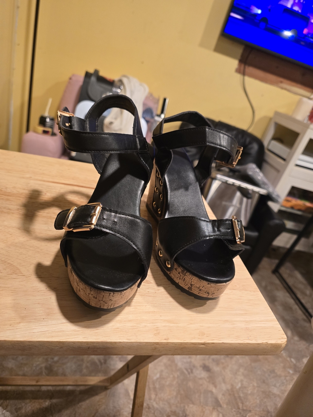 SHEIN Black Cork Wedge Sandals with Gold Buckles